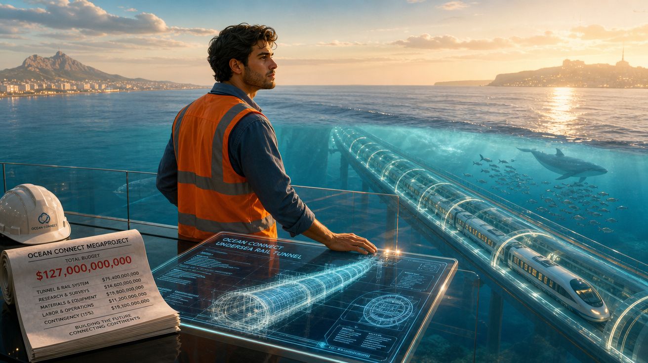 Homem em colete laranja observa projeto futurista de túnel ferroviário submarino com metro e tubarões no mar.
