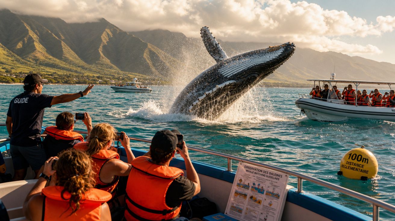 Observação de baleia jubarte saltando perto de barcos turísticos com montanhas ao fundo.