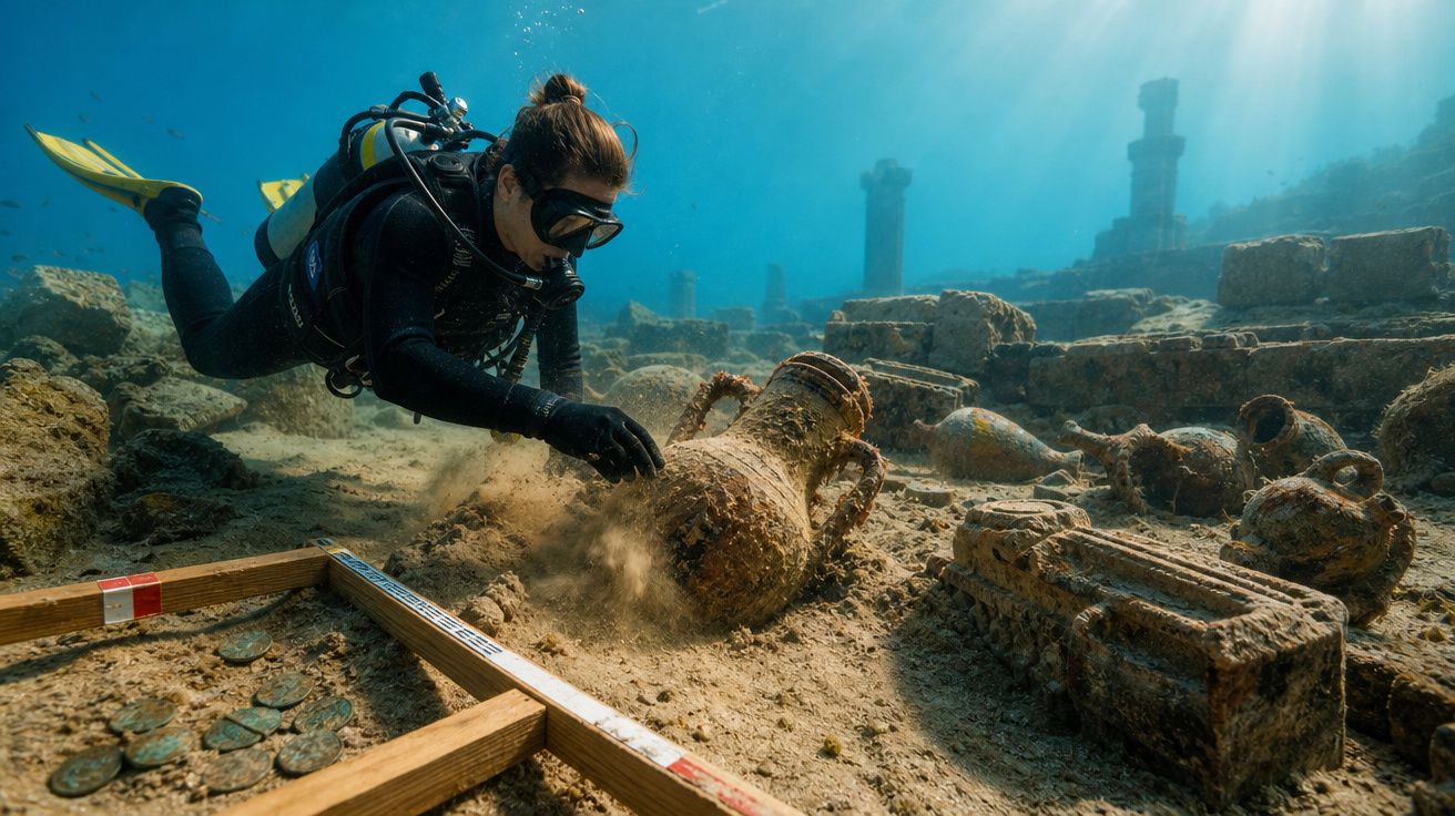 Mergulhadora explorando ruínas subaquáticas e vasos antigos cobertos de sedimentos no fundo do mar.