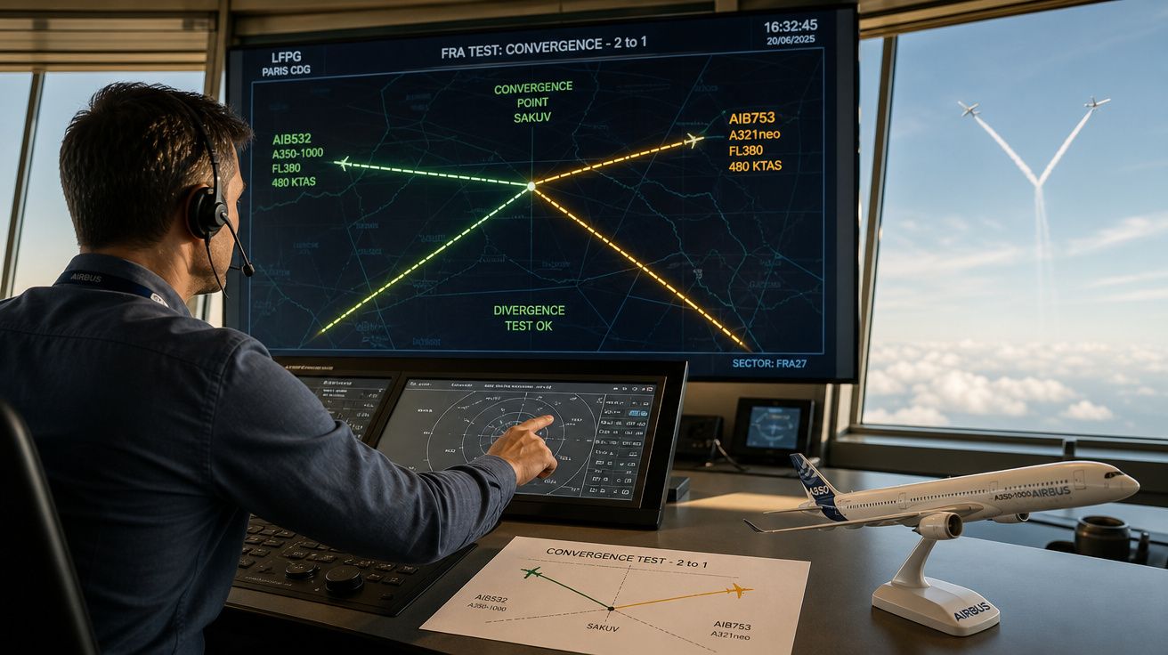 Controlador de tráfego aéreo monitora rota de aviões em tela com maquete de avião ao lado, de dia.