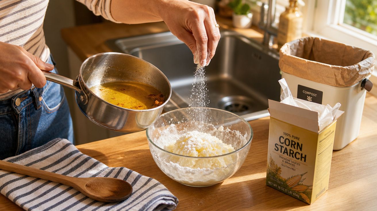 Pessoa despejando amido de milho em tigela com ingredientes na cozinha iluminada.