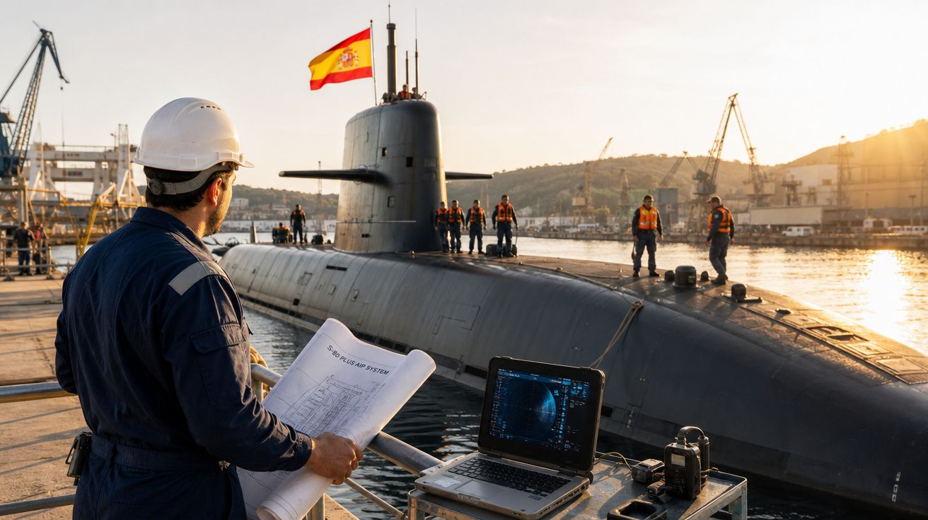 Homem com capacete e planta técnica em doca, observando submarino espanhol com tripulação ao pôr do sol.