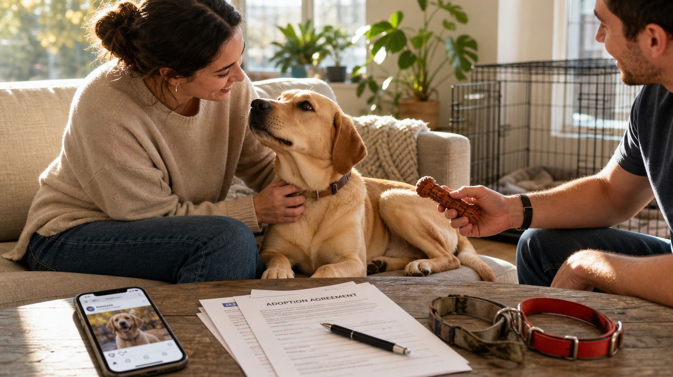 Casal adotando um cachorro em casa com formulário de adoção, coleiras e brinquedo na mesa.