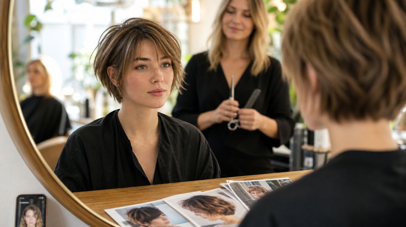Mulher sentada em salão de beleza, olhando seu novo corte de cabelo no espelho, com cabeleireira ao fundo.