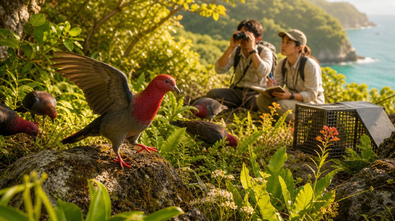 Pássaros vermelhos em área verde próxima a duas pessoas observando aves com binóculo e caderno.