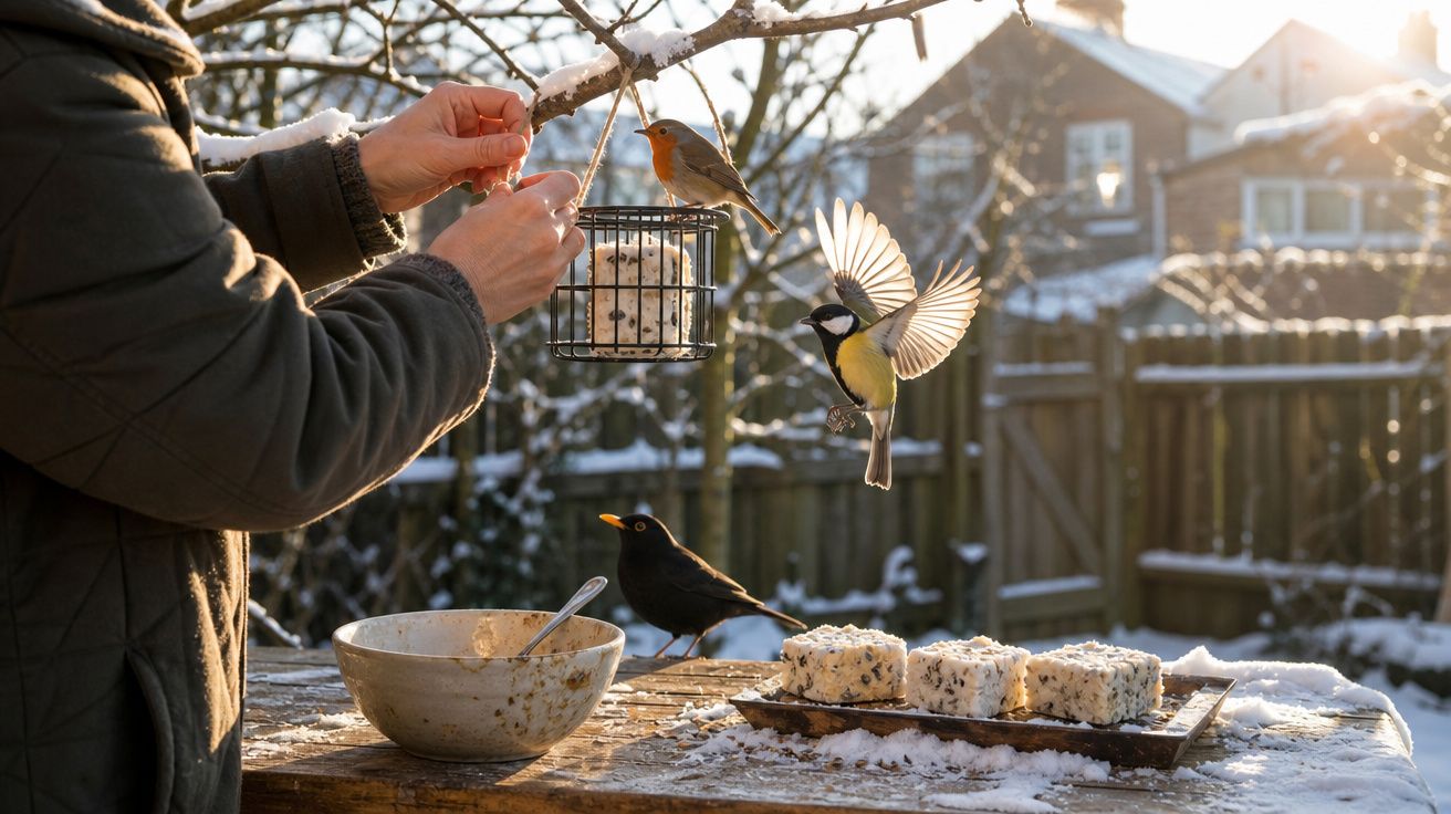 Pessoa alimentando pássaros em jardim com neve, com mesa de madeira e suet para aves.