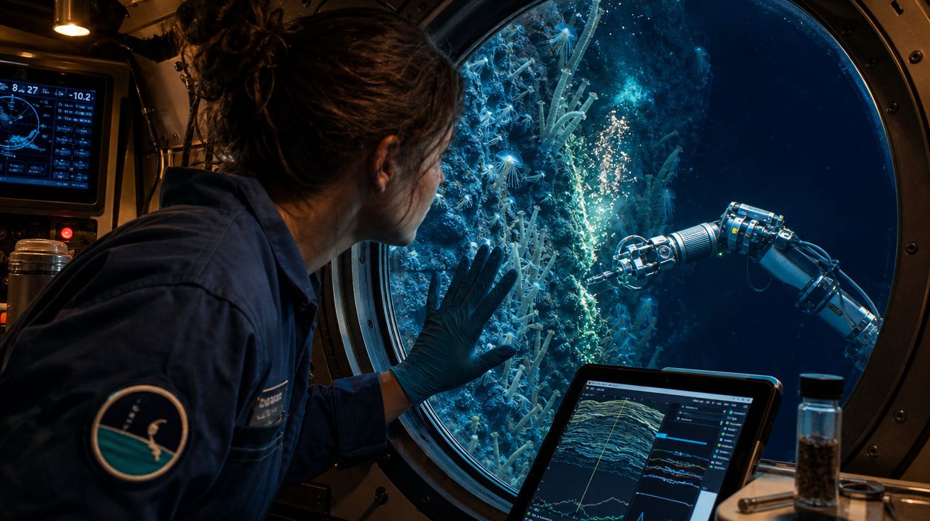 Mulher observa braços robóticos coletando amostras submarinas através de janela de submarino científico.