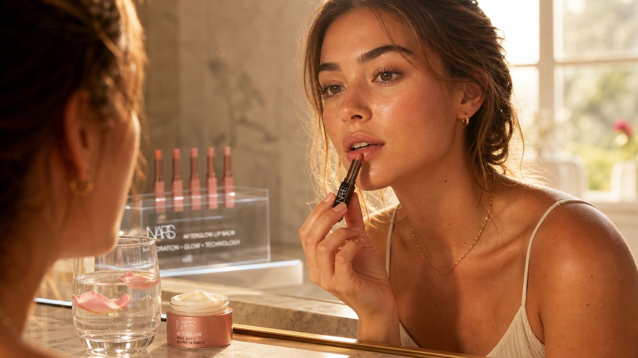Mulher aplicando balm labial diante de espelho em ambiente iluminado pela luz natural.