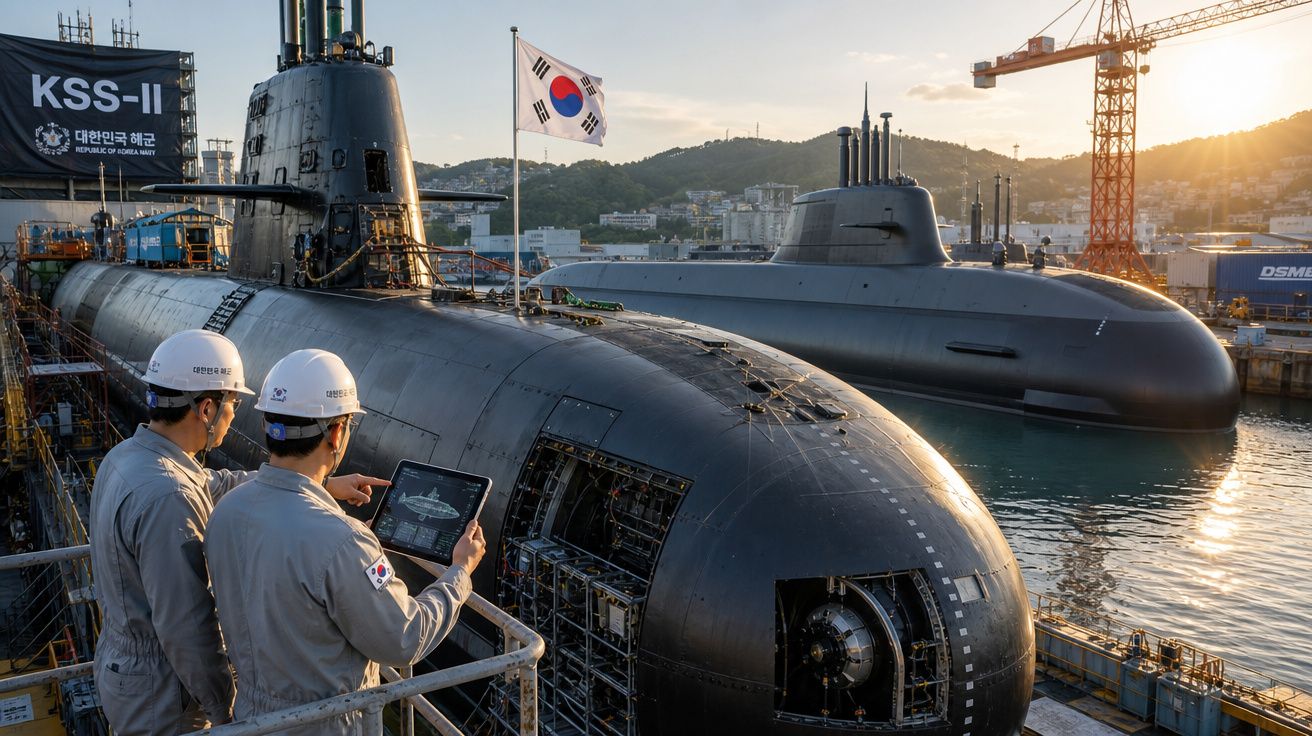 Dois trabalhadores com capacetes inspecionam submarino militar sul-coreano em estaleiro naval ao pôr do sol.