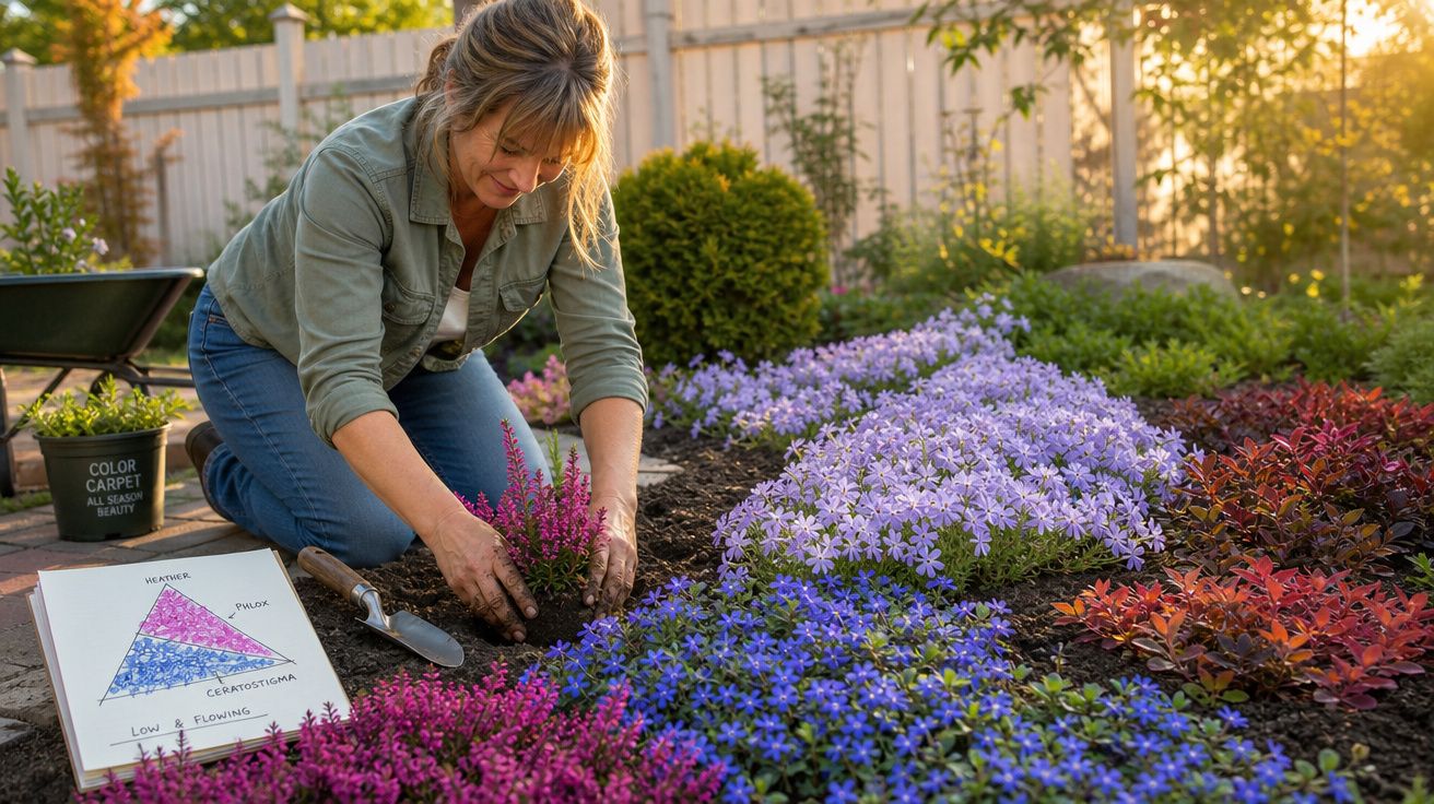 Mulher plantando flores coloridas em jardim ao ar livre durante o pôr do sol.