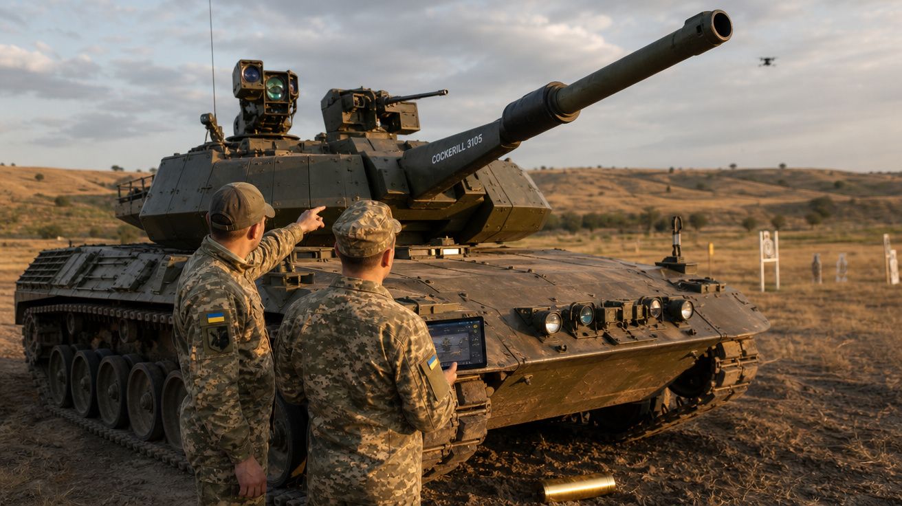 Dois soldados em uniforme militar operam tanque de guerra em campo aberto durante o pôr do sol.