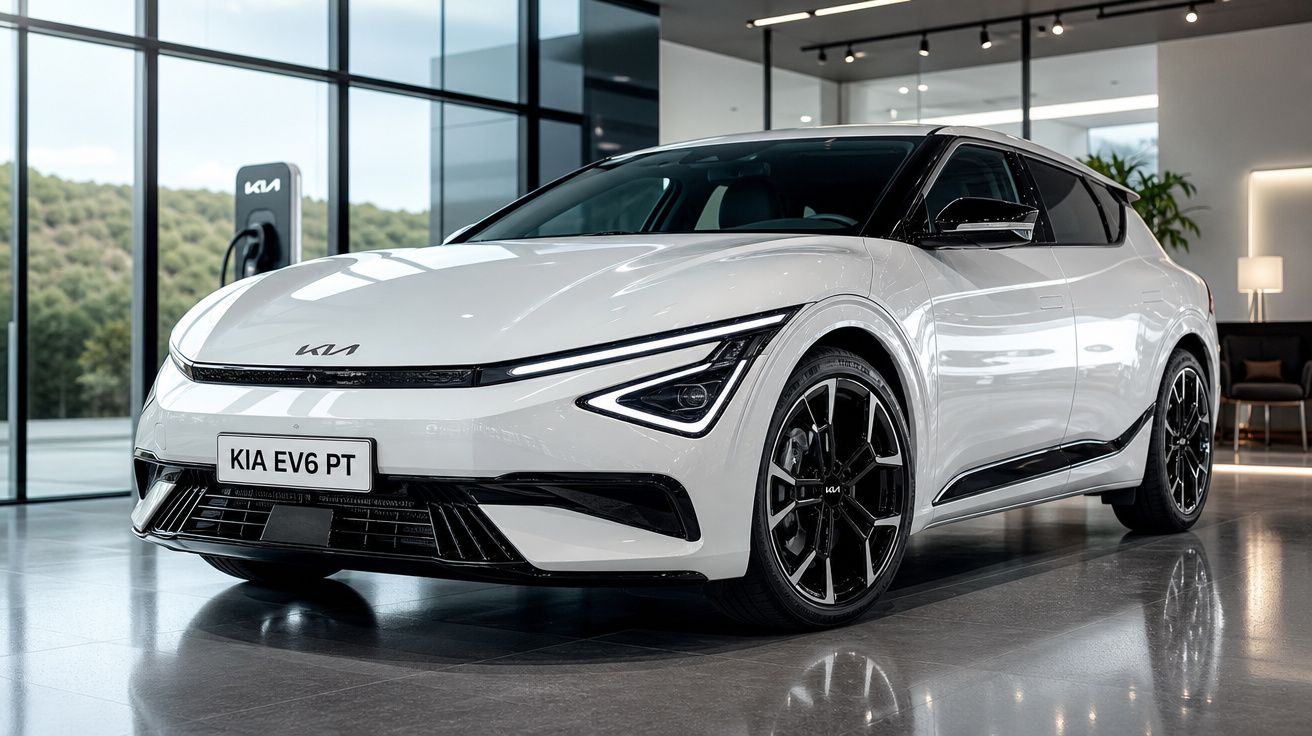 Carro elétrico branco Kia EV6 PT estacionado em showroom moderno com piso refletivo e paredes de vidro.
