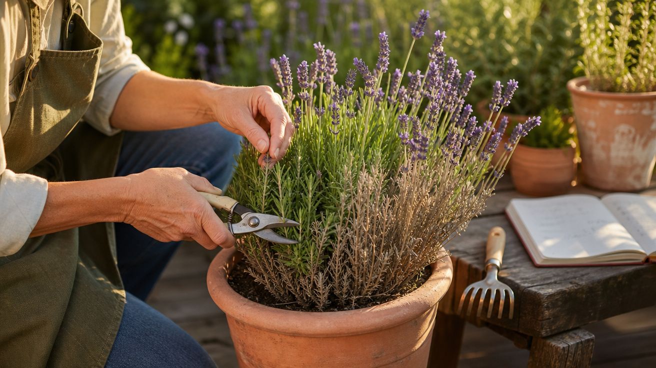 Pessoa podando planta de lavanda em vaso de cerâmica em varanda com ferramentas e caderno ao fundo.
