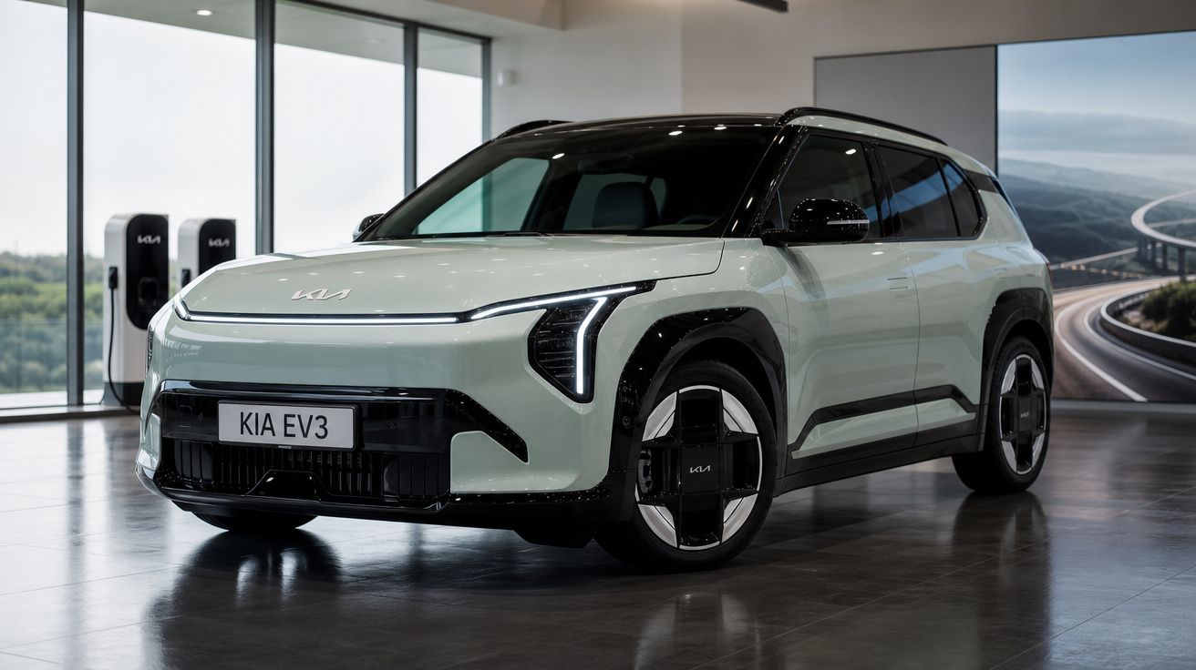 SUV elétrico Kia EV3 branco em exposição interna com estações de recarga ao fundo.