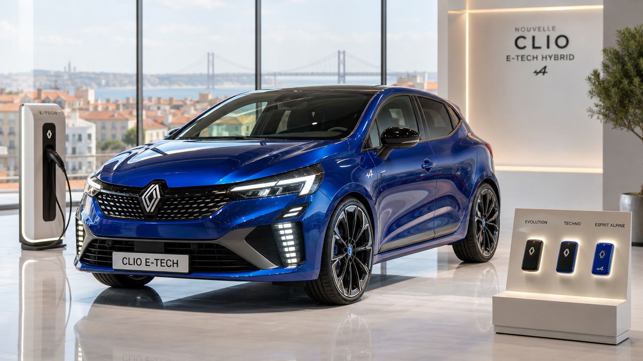 Carro Renault Clio E-Tech híbrido azul exposto em showroom com carregador elétrico ao lado.