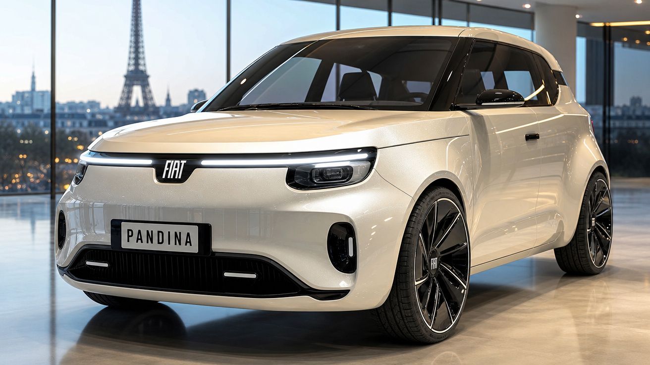 Carro Fiat Pandina branco, futurista, em ambiente interno com Torre Eiffel ao fundo.