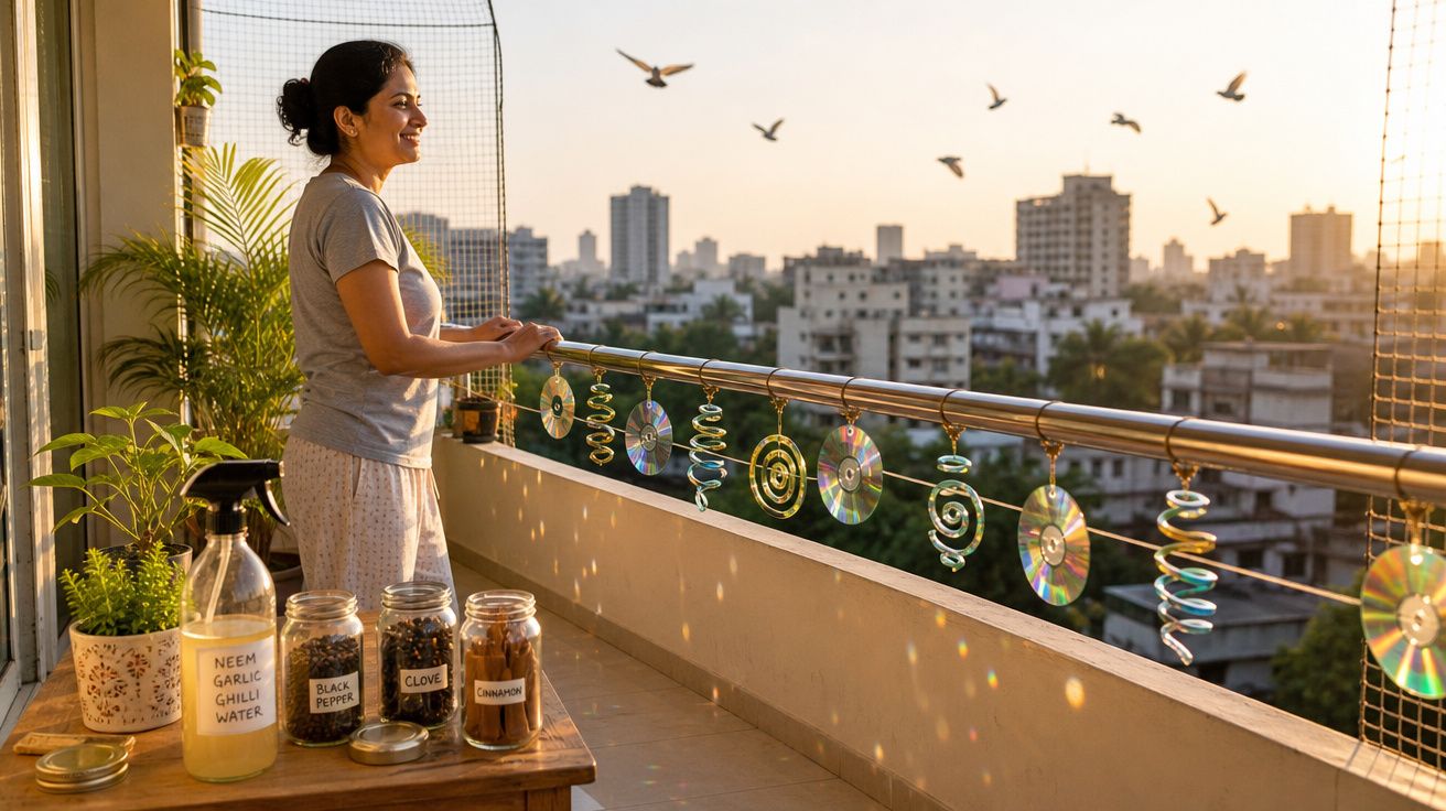 Mulher sorrindo na varanda com enfeites de CDs, potes de temperos e vista da cidade ao amanhecer.