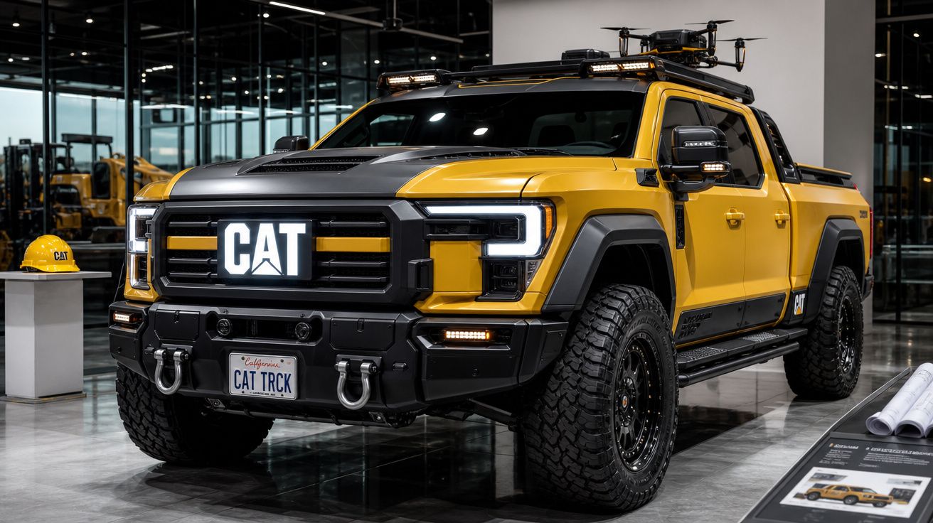 Picape amarela robusta CAT exibida em showroom moderno com capacete e drone no teto.