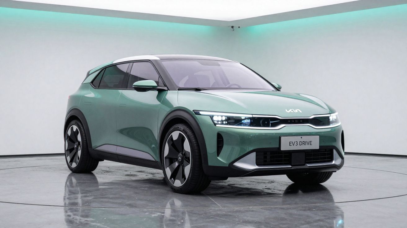 Carro elétrico Kia EV3 Drive verde exibido em estúdio com iluminação branca e azul.