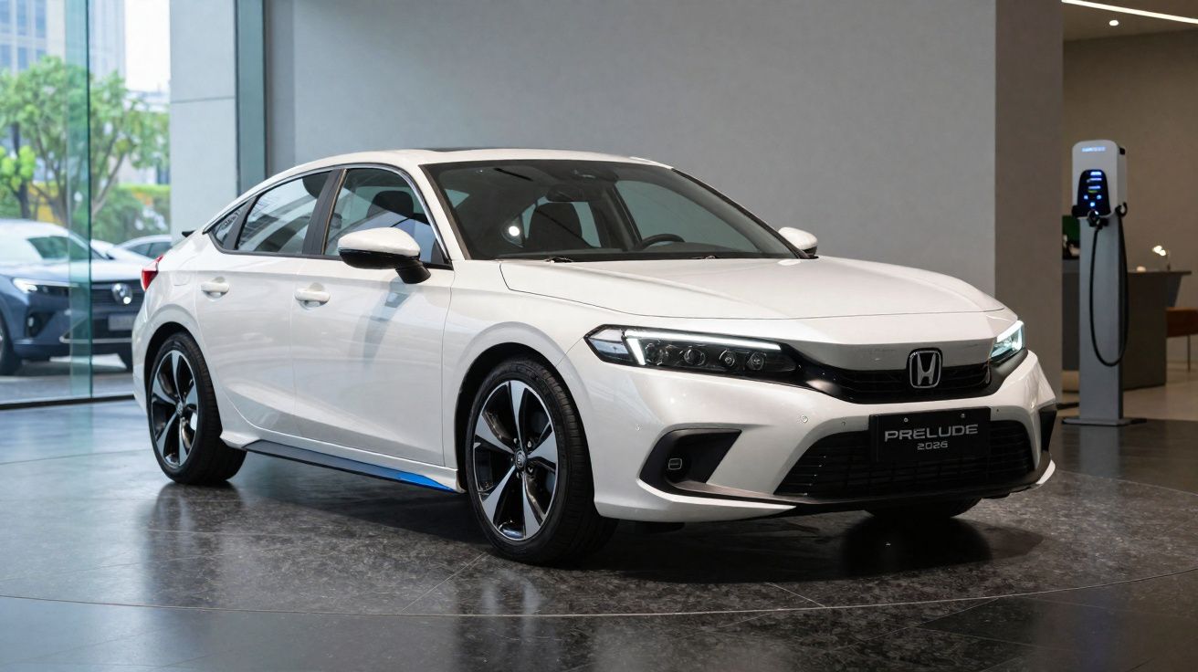 Carro branco Honda Prelude 2023 exibido em showroom moderno com ponto de recarga elétrica ao fundo.