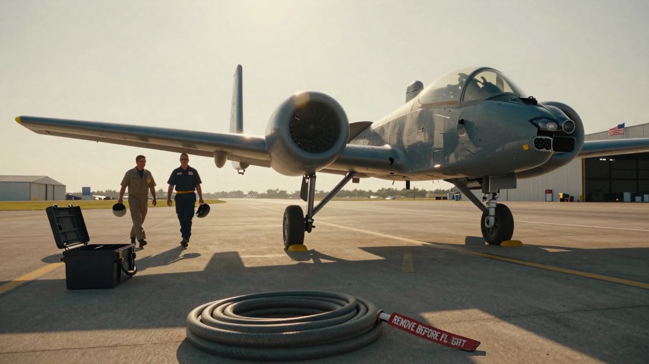Avião militar estacionado na pista com dois homens caminhando ao lado e equipamento no chão.