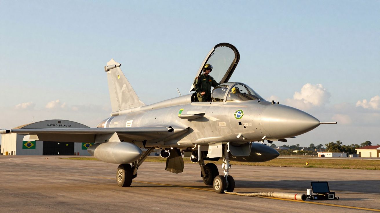 Caça militar brasileiro estacionado com piloto no cockpit aberto em base aérea ao entardecer.
