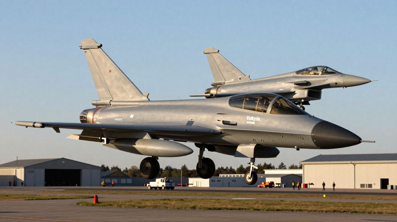 Dois caças militares Rafale prateados decolando em pista de aeroporto com hangares ao fundo.