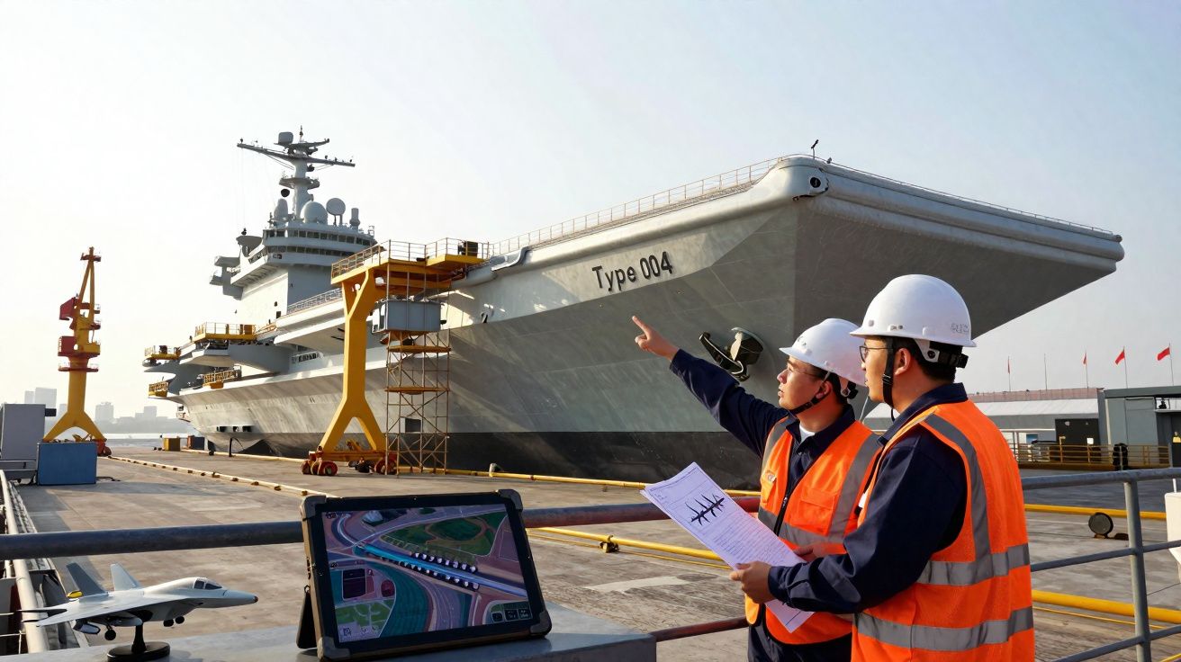 Dois engenheiros em coletes e capacetes analisam um documento próximo a um navio de guerra Type 004 no porto.