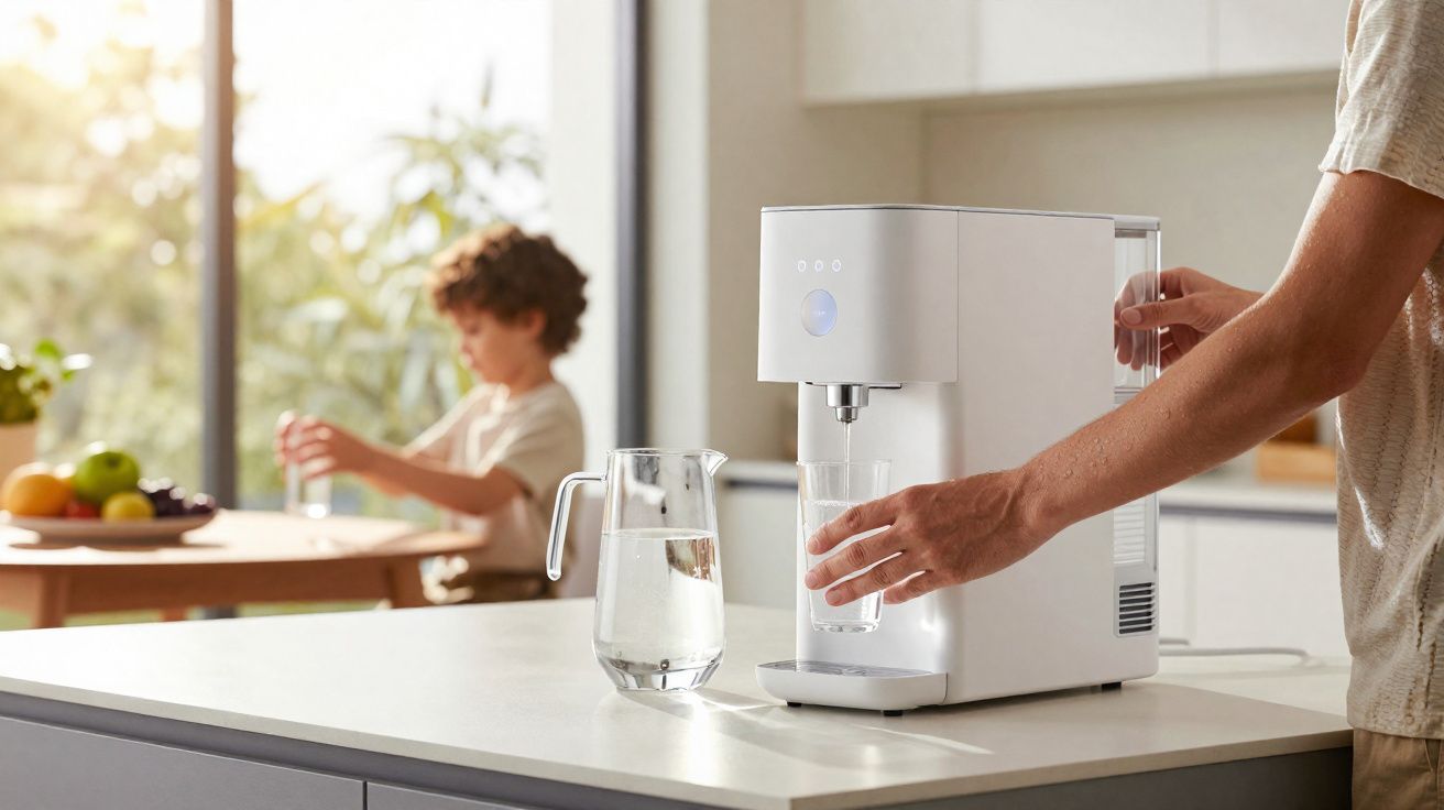 Pessoa enchendo copo de água em filtro elétrico branco na cozinha, com criança ao fundo.