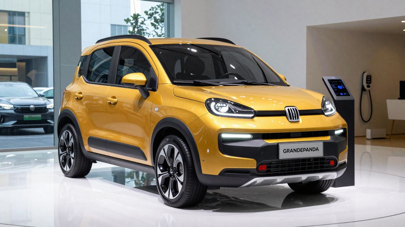 Carro elétrico compacto Fiat Grande Panda amarelo em exposição interna com design moderno.