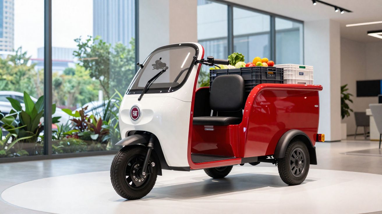 Veículo elétrico de carga compacto Fiat em branco e vermelho estacionado em ambiente interno moderno.