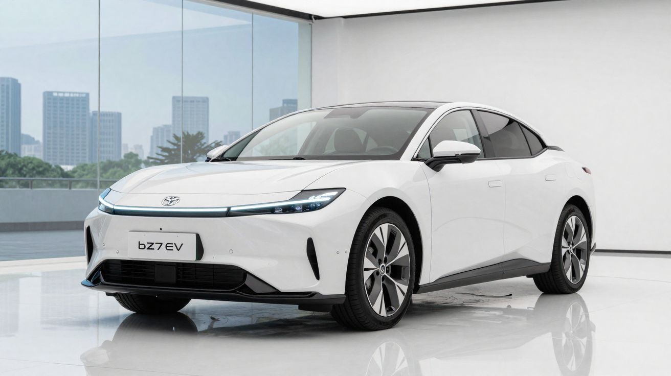 Carro elétrico branco Toyota bZ7 EV estacionado em ambiente interno moderno com vidro panorâmico ao fundo.