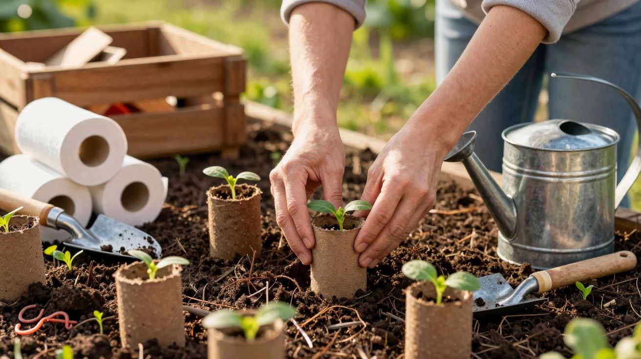 Pessoa transplantando mudas em papel biodegradável no solo, com regador e ferramentas de jardinagem ao redor.