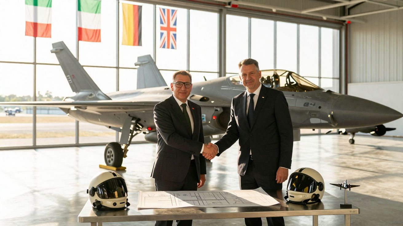 Dois homens de terno se cumprimentam diante de um caça militar em hangar com capacetes sobre mesa.