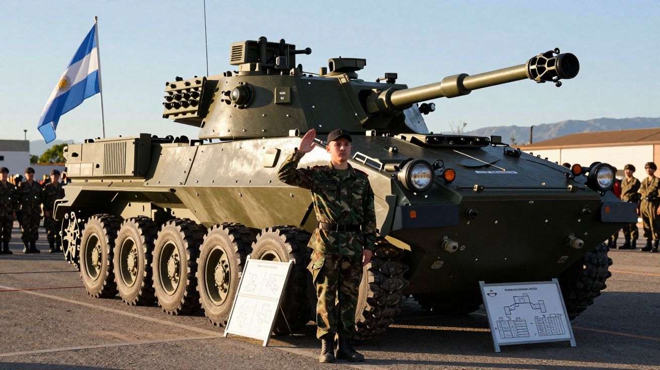 Tanque militar verde, soldado em uniforme camuflado saudando com bandeira da Argentina ao fundo.