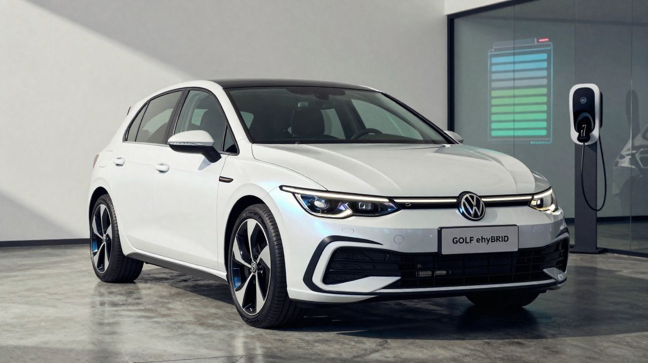 Carro branco Volkswagen Golf eHybrid estacionado ao lado de estação de carregamento elétrico em ambiente interno.