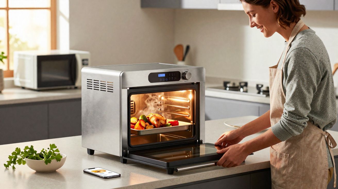 Mulher usando avental abrindo forno elétrico compacto com frango assado e legumes dentro na cozinha moderna.