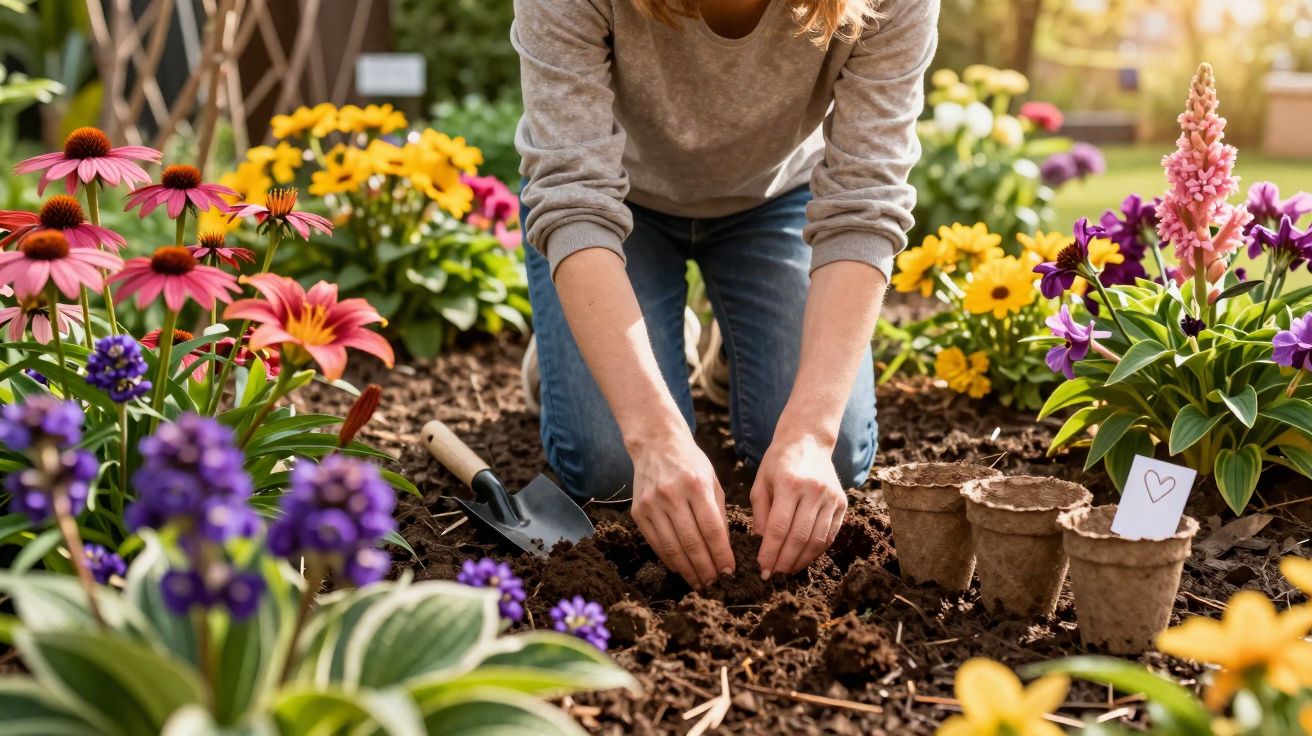 Pessoa plantando flores coloridas em um jardim ensolarado, com ferramentas e vasos de papel biodegradável.