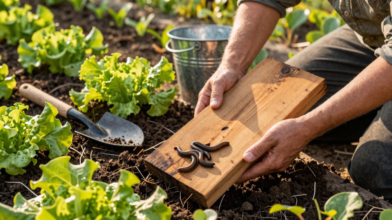 Pessoa segurando tábua de madeira com minhocas ao lado de plantas verdes em solo de horta ensolarada.