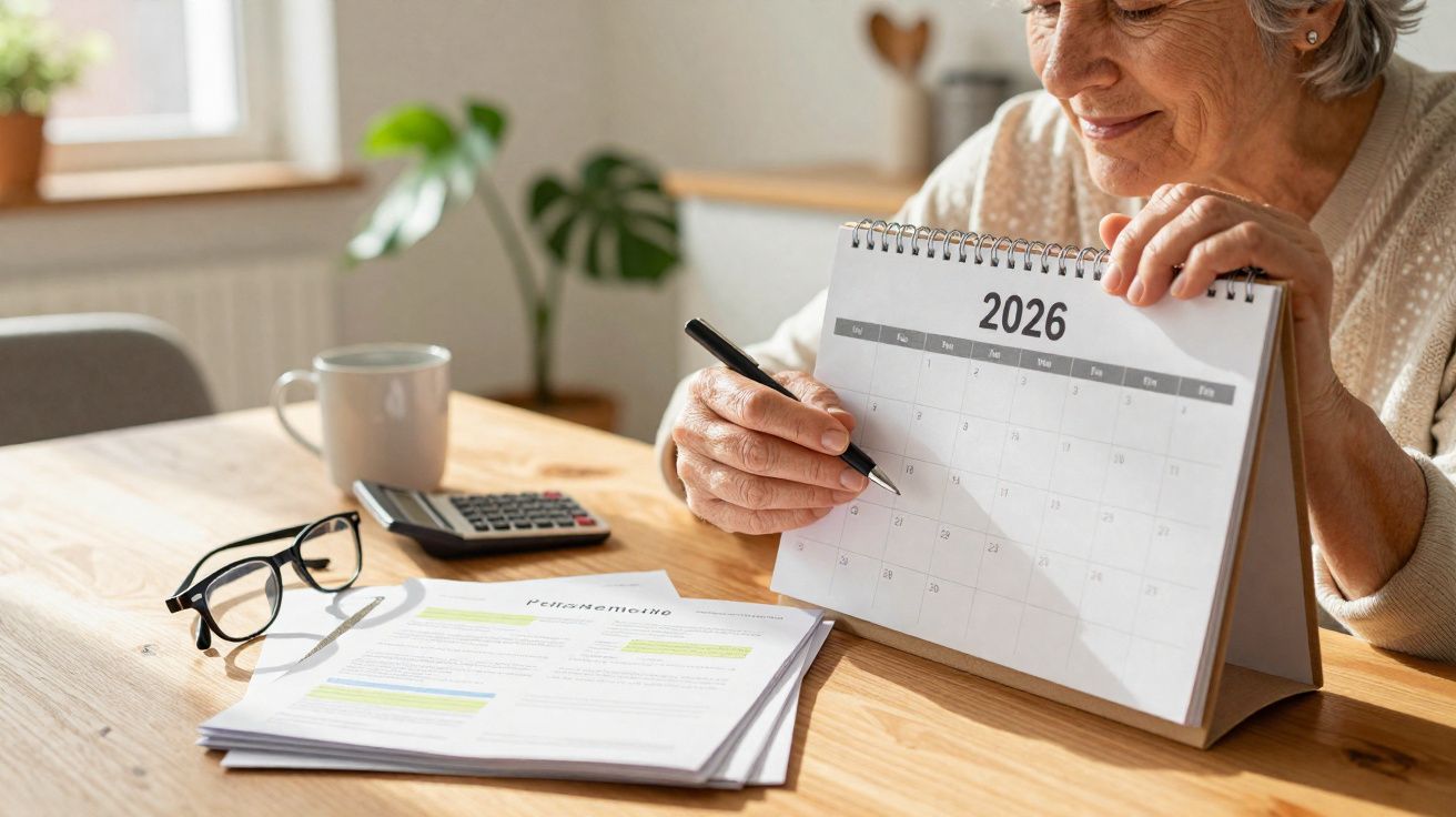 Mulher idosa sinaliza data em calendário de 2026 ao lado de documentos, óculos e calculadora na mesa.