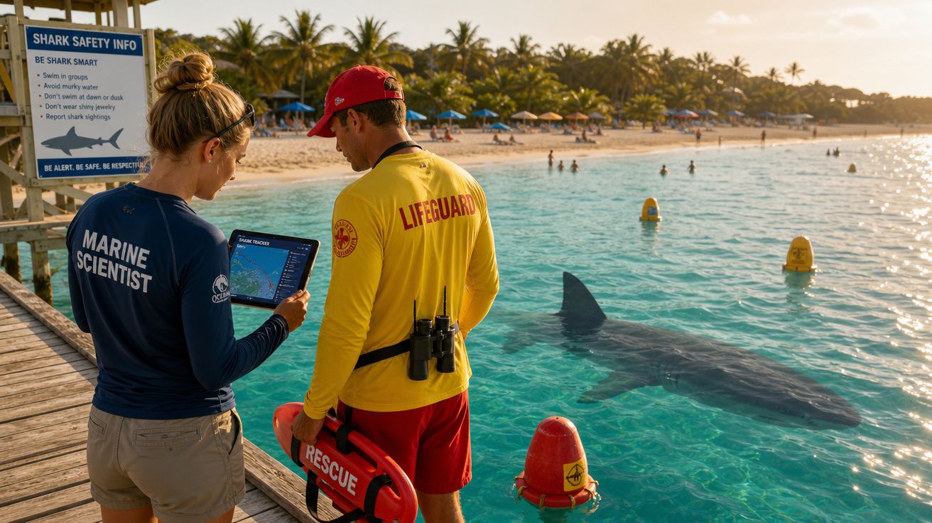 Cientista marinha e salva-vidas observam tubarão perto da praia com bóias de segurança no mar.