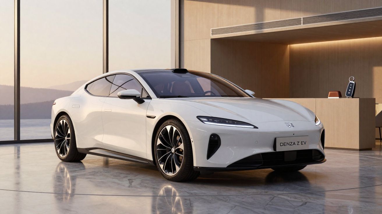 Carro elétrico branco Denza 7 EV estacionado em ambiente interno com grandes janelas panorâmicas.