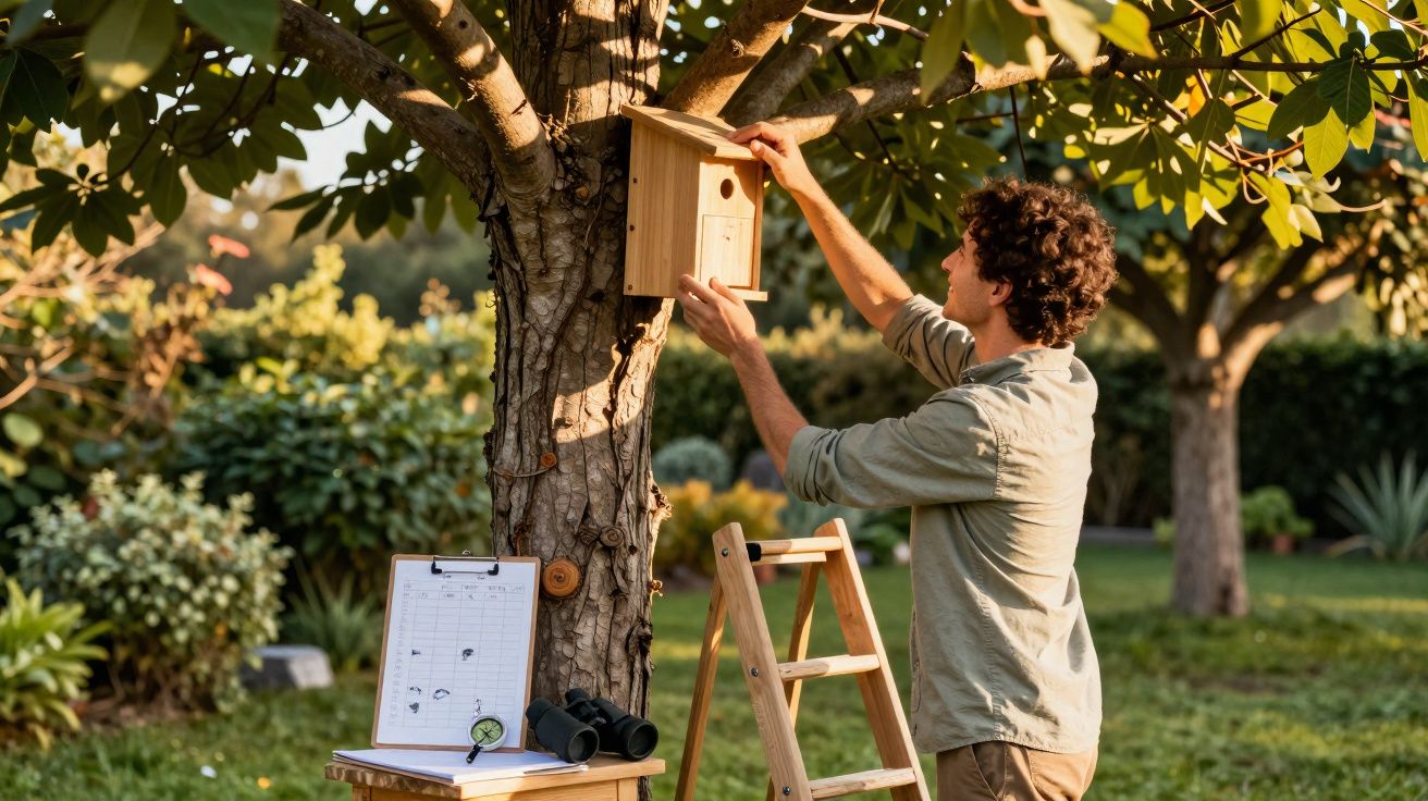 Homem instalando uma casinha de passarinho em árvore no jardim durante o dia.