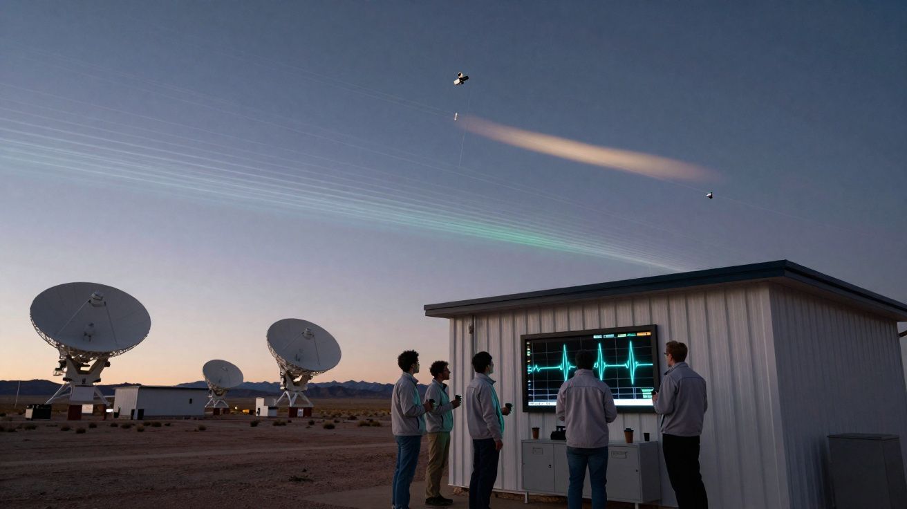 Cinco pessoas observam tela externa com sinais vitais, satélites e antenas parabólicas ao pôr do sol no deserto.