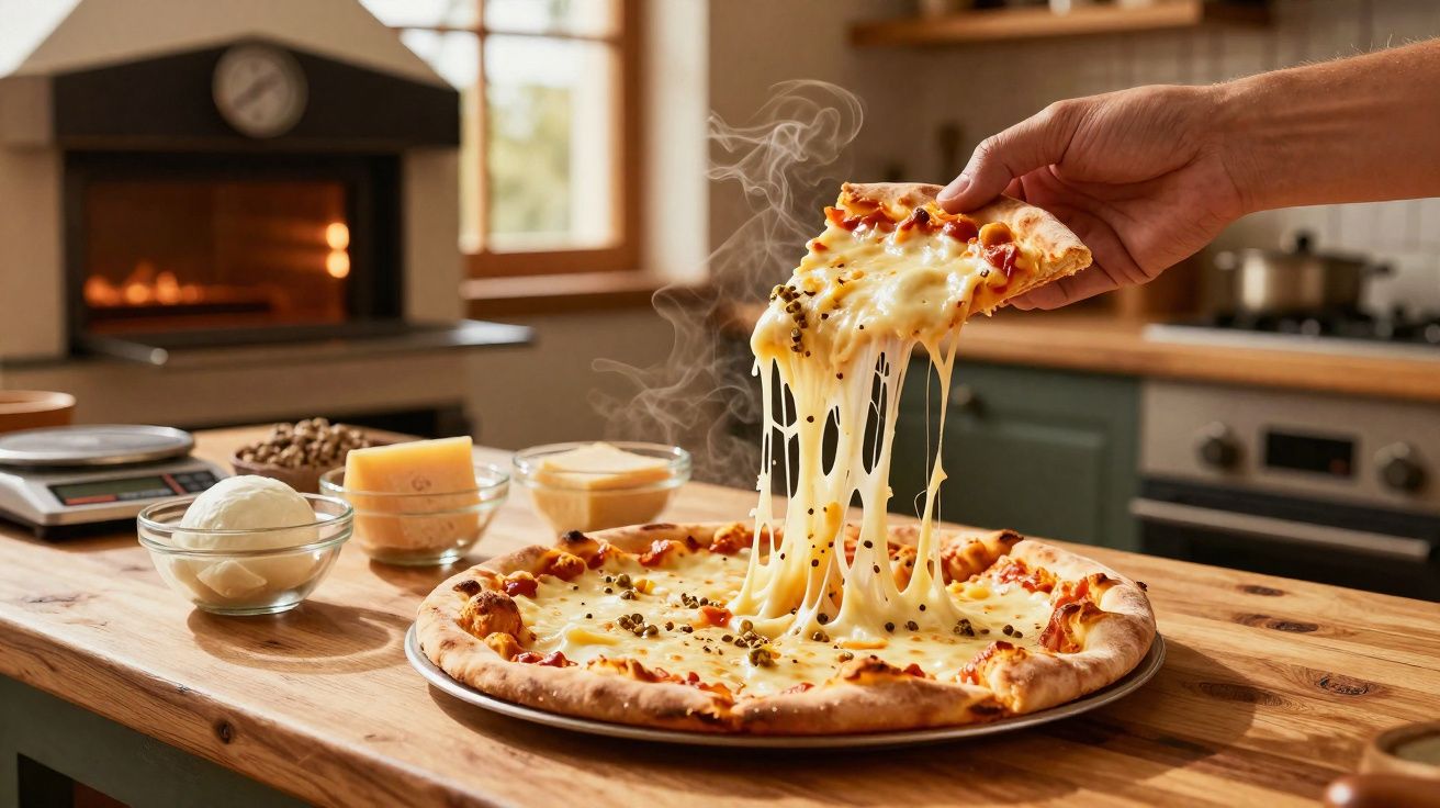 Mão pegando fatia de pizza com queijo derretido e pimenta-do-reino em cozinha rústica.