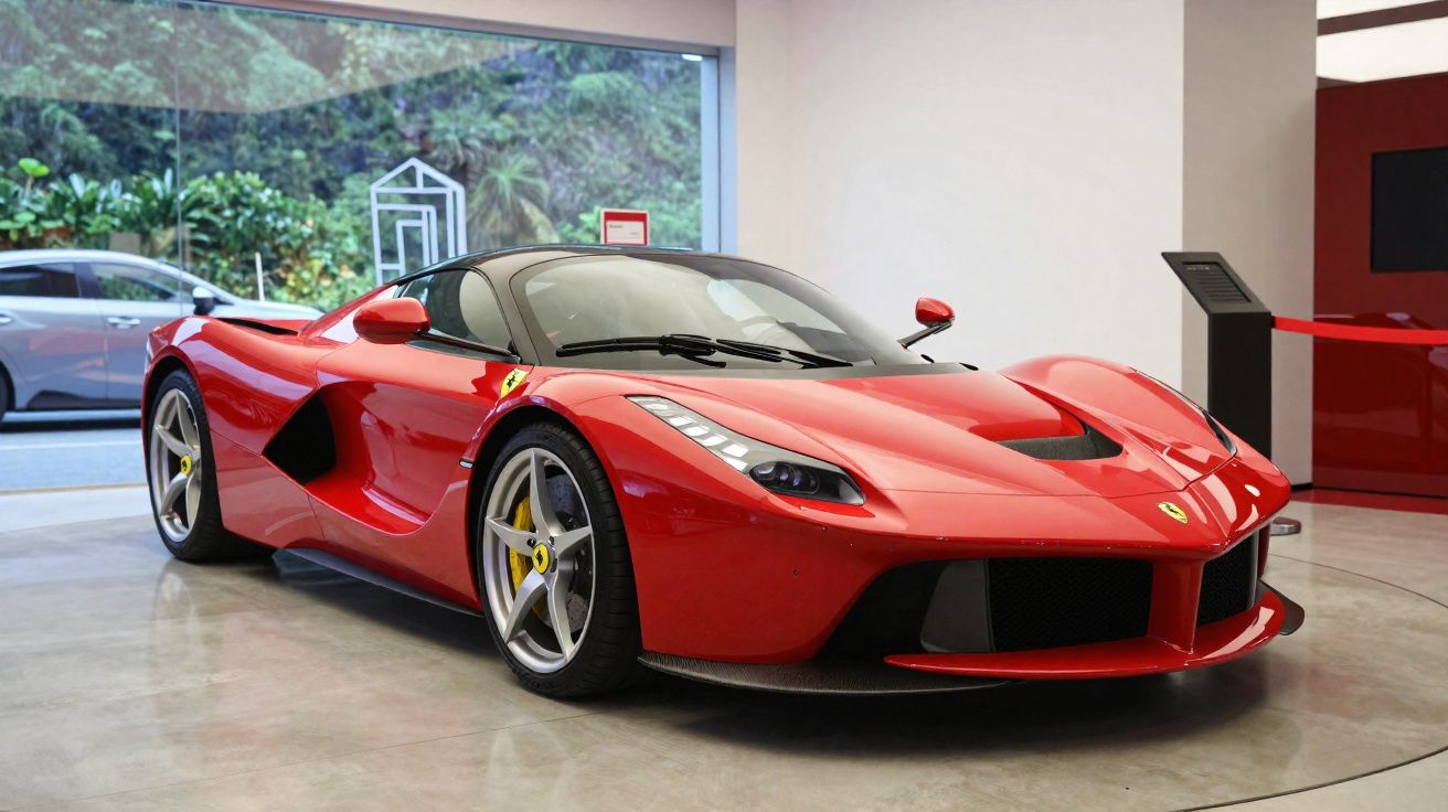 Carro esportivo Ferrari vermelho exibido em showroom moderno com piso de cimento polido.
