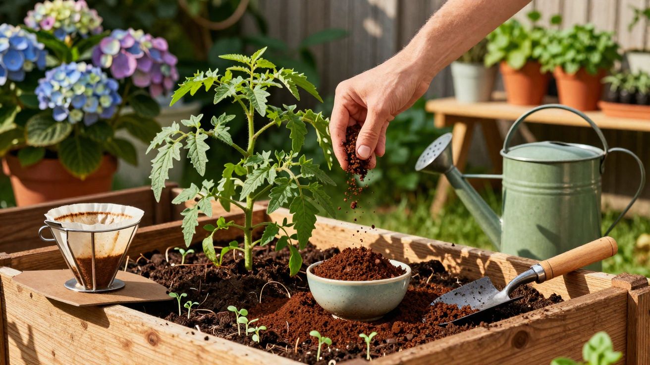 Mão espalhando adubo em planta de tomate num canteiro de madeira com regador e sementes ao redor.