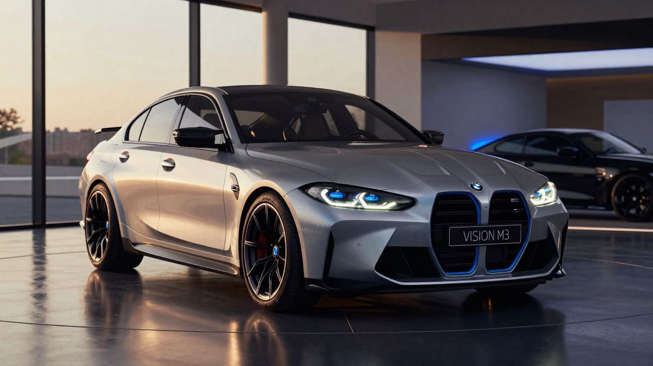 Carro esportivo BMW Vision M3 prateado estacionado em ambiente interno com iluminação suave.