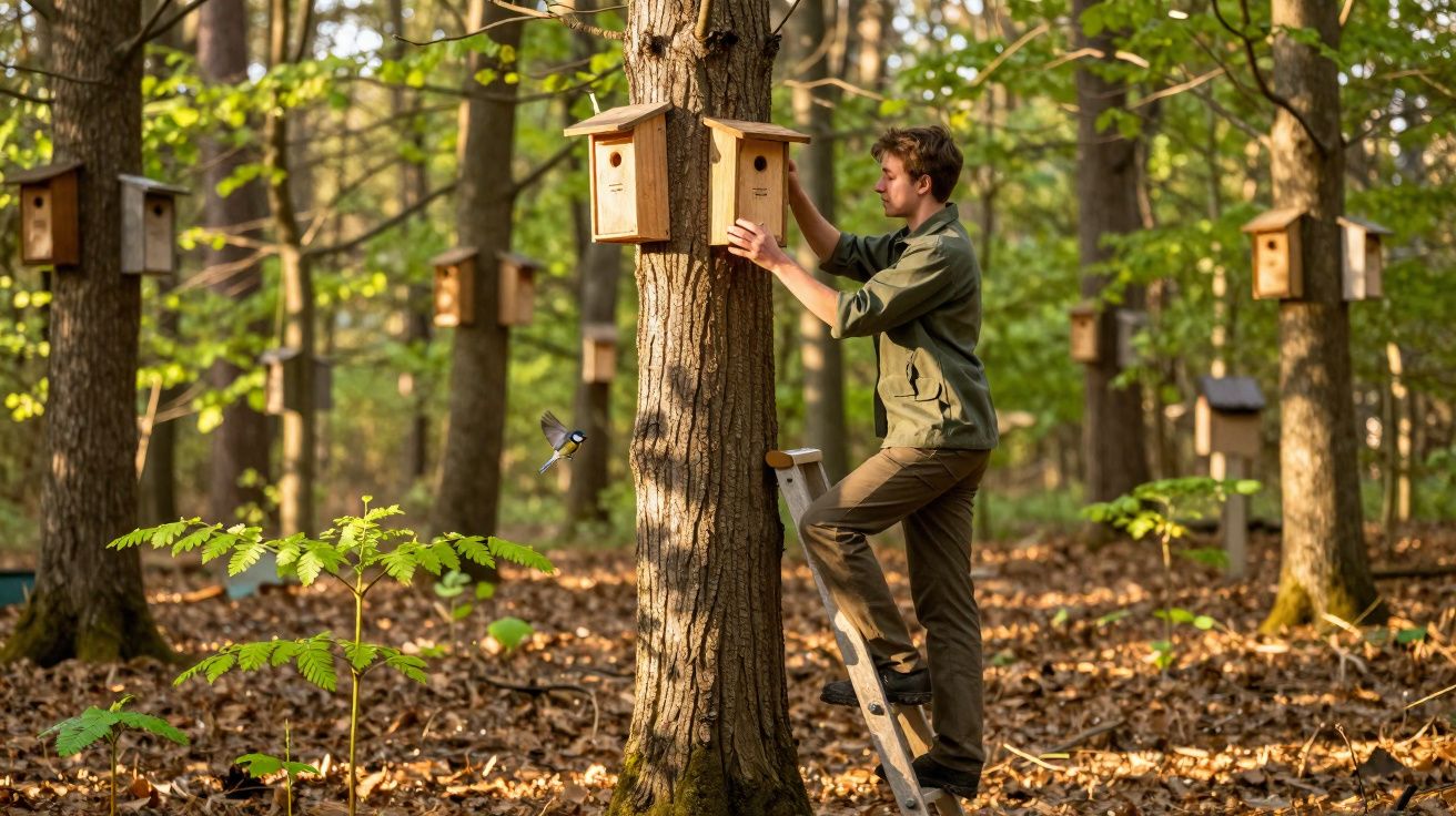 Homem instalando casa de passarinho em árvore dentro de floresta com várias casas e pássaro voando.