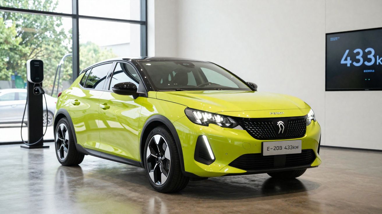 Carro elétrico Peugeot E-203 amarelo estacionado em ambiente interno com estação de recarga ao fundo.